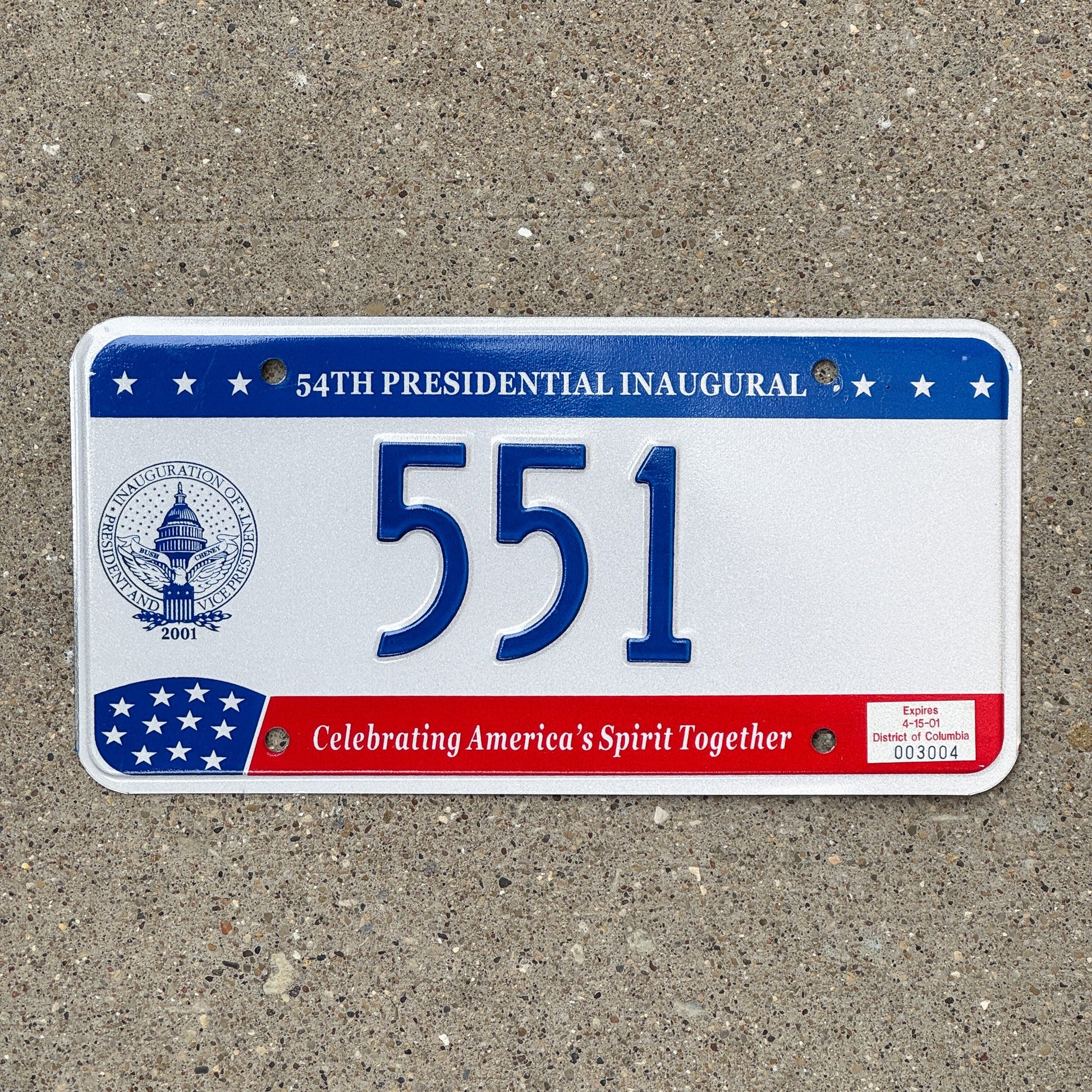 Photo of a 2001 Washington DC Inaugural License Plate Auto Tag Garage Decor Vintage Bush Politics Political Low Number Three Digit 551 with original patina