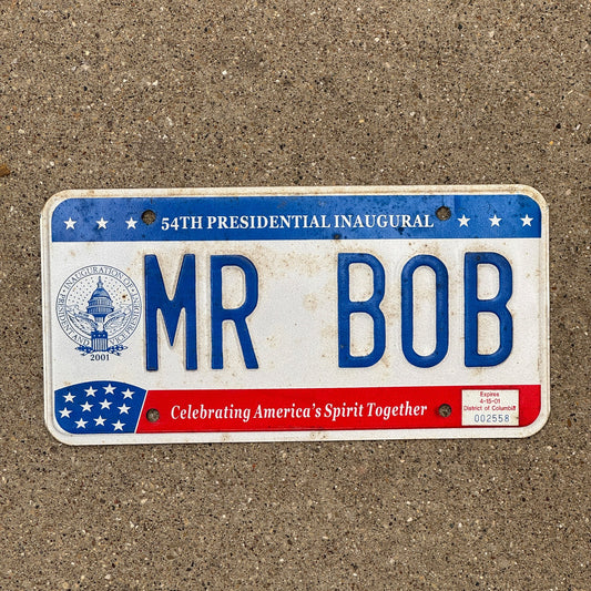 Photo of a 2001 Washington DC VANITY License Plate Auto Tag Garage Decor Vintage HW Bush Inaugural Inauguration MR BOB
