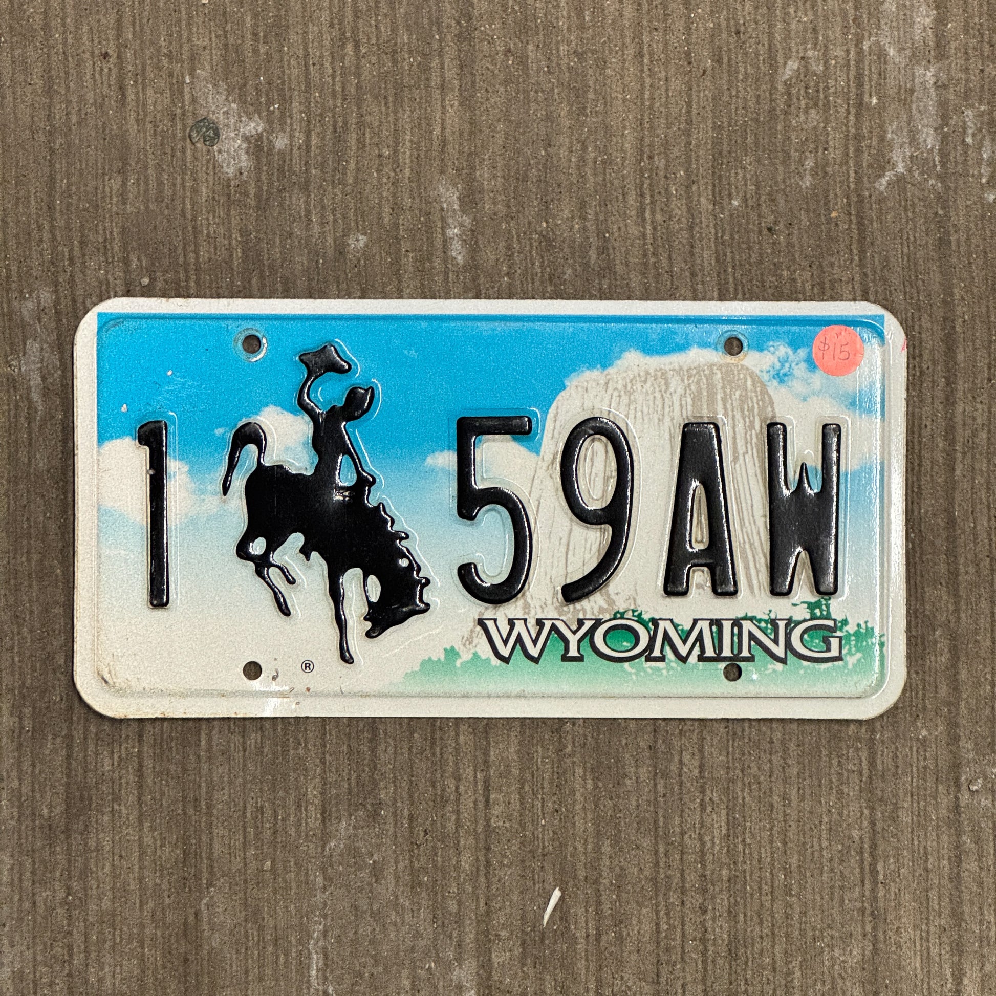 Photo of a 2001 Wyoming License Plate Auto Tag Garage Decor Vintage 1 59 AW with original patina