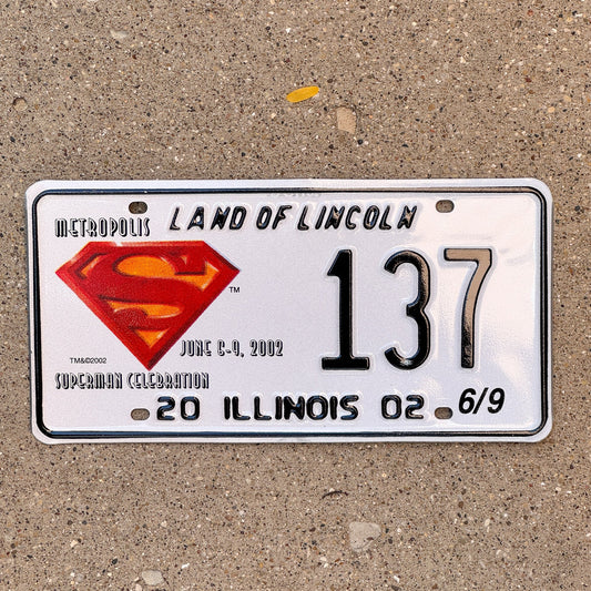 Photo of a 2002 Illinois Event License Plate Auto Tag 1 Garage Decor Metropolis Illinois Superman Comics 137 with original patina