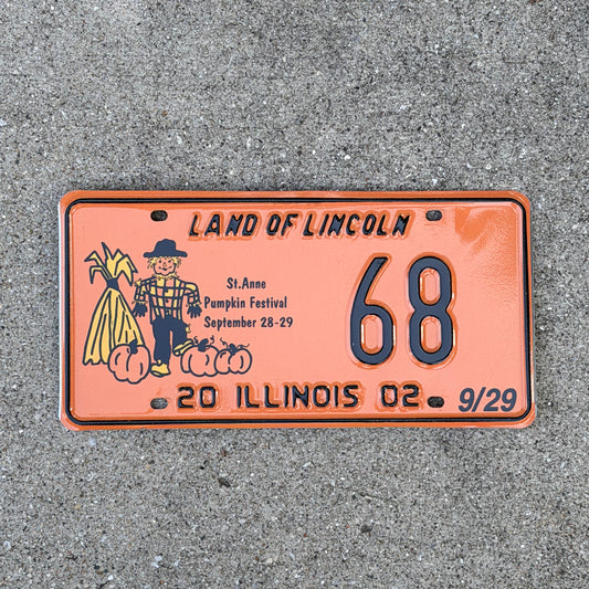 Photo of a 2002 Illinois Event License Plate Auto Tag Garage Decor Vintage St. Anne Pumpkin Festival Halloween 68 with original patina