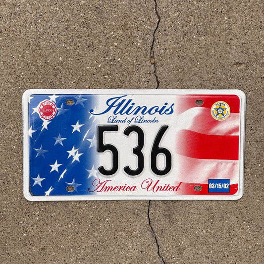 Photo of a 2002 Illinois Graphic / Specialty License Plate Auto Tag Garage Decor Vintage America United 9/11 Memorial 536