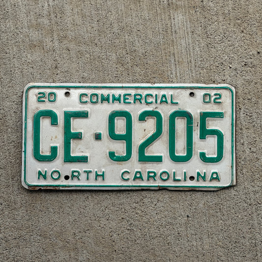 Photo of a 2002 North Carolina Commercial License Plate Auto Tag Garage Decor Vintage CE 9205 with original patina