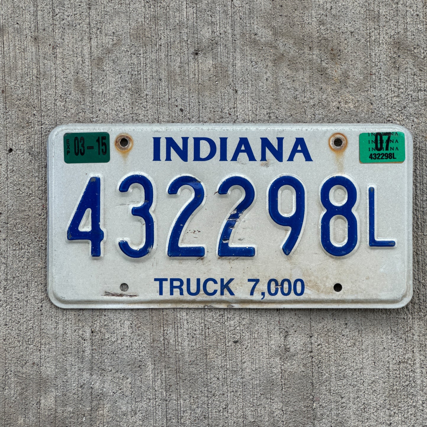 Photo of a 2003 2007 Indiana Truck License Plate Auto Tag Garage Decor Vintage 432298 L with original patina