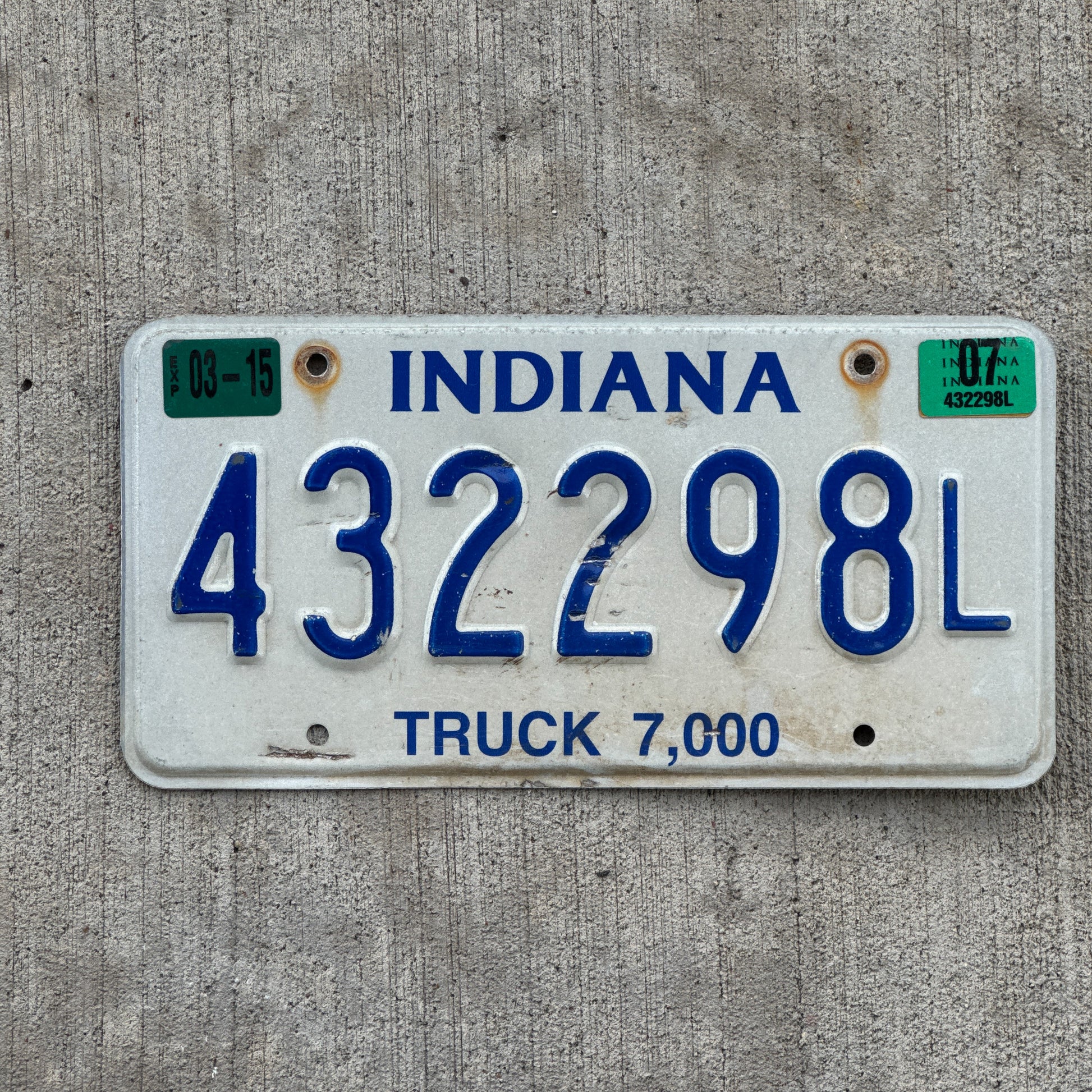 Photo of a 2003 2007 Indiana Truck License Plate Auto Tag Garage Decor Vintage 432298 L with original patina