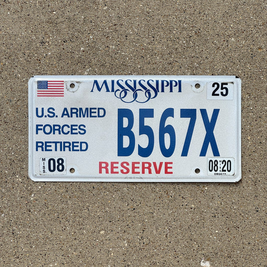 Photo of a 2003 2020 Mississippi Retired Armed Forces License Plate Auto Tag Garage Decor Vintage Military Reserves Retired B 567 X