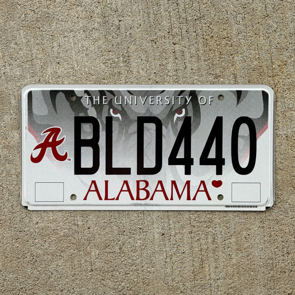 Photo of a 2003 Alabama Graphic / Specialty License Plate Auto Tag Garage Decor Vintage University of Alabama College Football Sports Fan BLD 440 with original patina