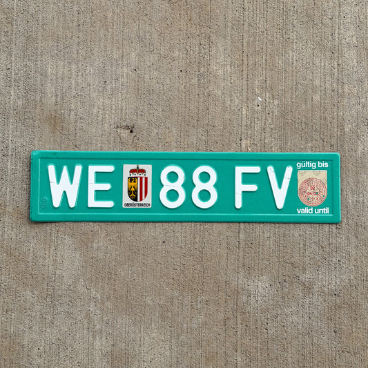 Photo of a 2003 Austria Temporary License Plate Auto Tag Garage Decor Vintage Oberosterreich WE 88 FV with original patina