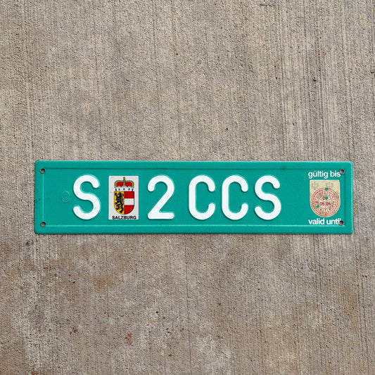 Photo of a 2003 Austria Temporary License Plate Auto Tag Garage Decor Vintage Salzburg S 2 CCS with original patina