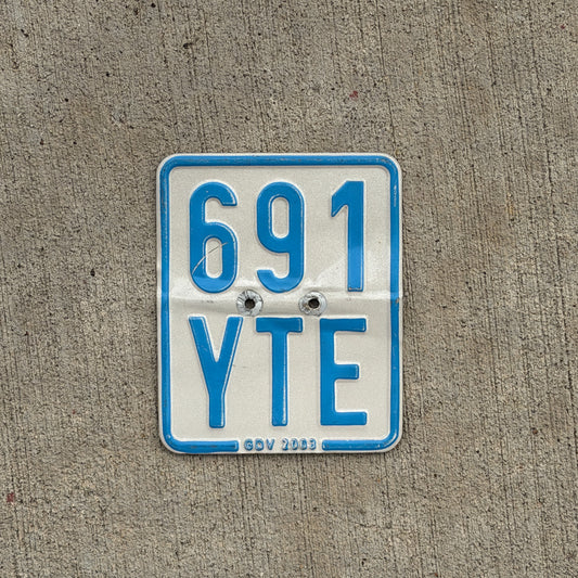 Photo of a 2003 Germany Moped License Plate Auto Tag Garage Decor Vintage 691 YTE with original patina