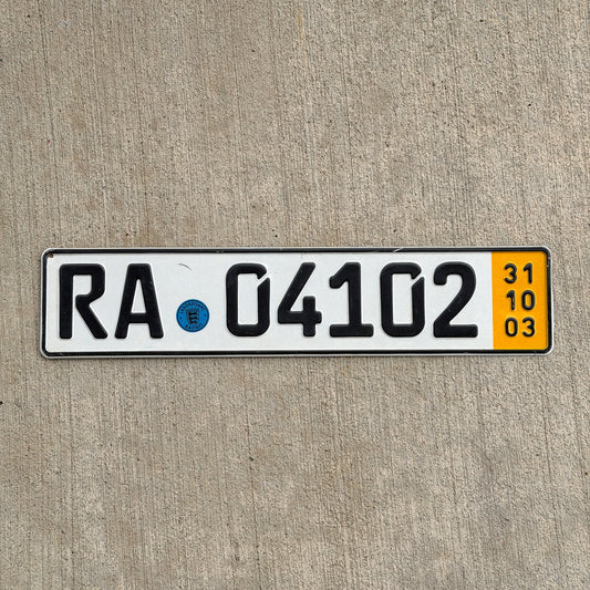 Photo of a 2003 Germany Temporary License Plate Auto Tag Garage Decor Vintage RA 04102 with original patina