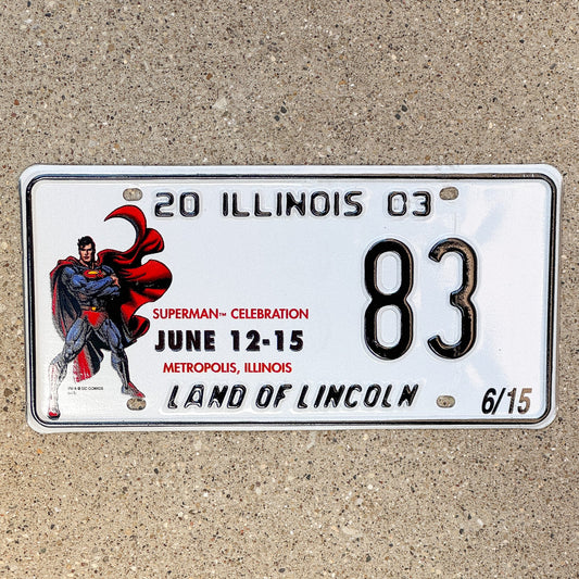 Photo of a 2003 Illinois Event License Plate Auto Tag 1 Garage Decor Metropolis Illinois Superman Comics 83 with original patina