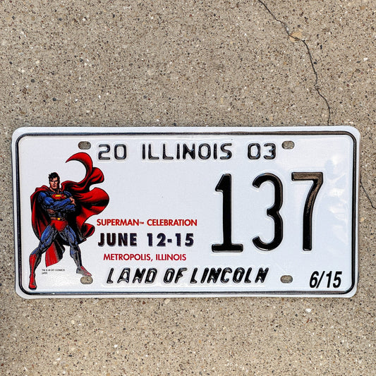 Photo of a 2003 Illinois Event License Plate Auto Tag 2 Garage Decor Metropolis Illinois Superman Comics 137 with original patina