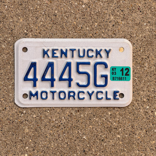 Photo of a 2003 Kentucky MOTORCYCLE License Plate Auto Tag Garage Decor Vintage Repeat Repeating 444 5 G