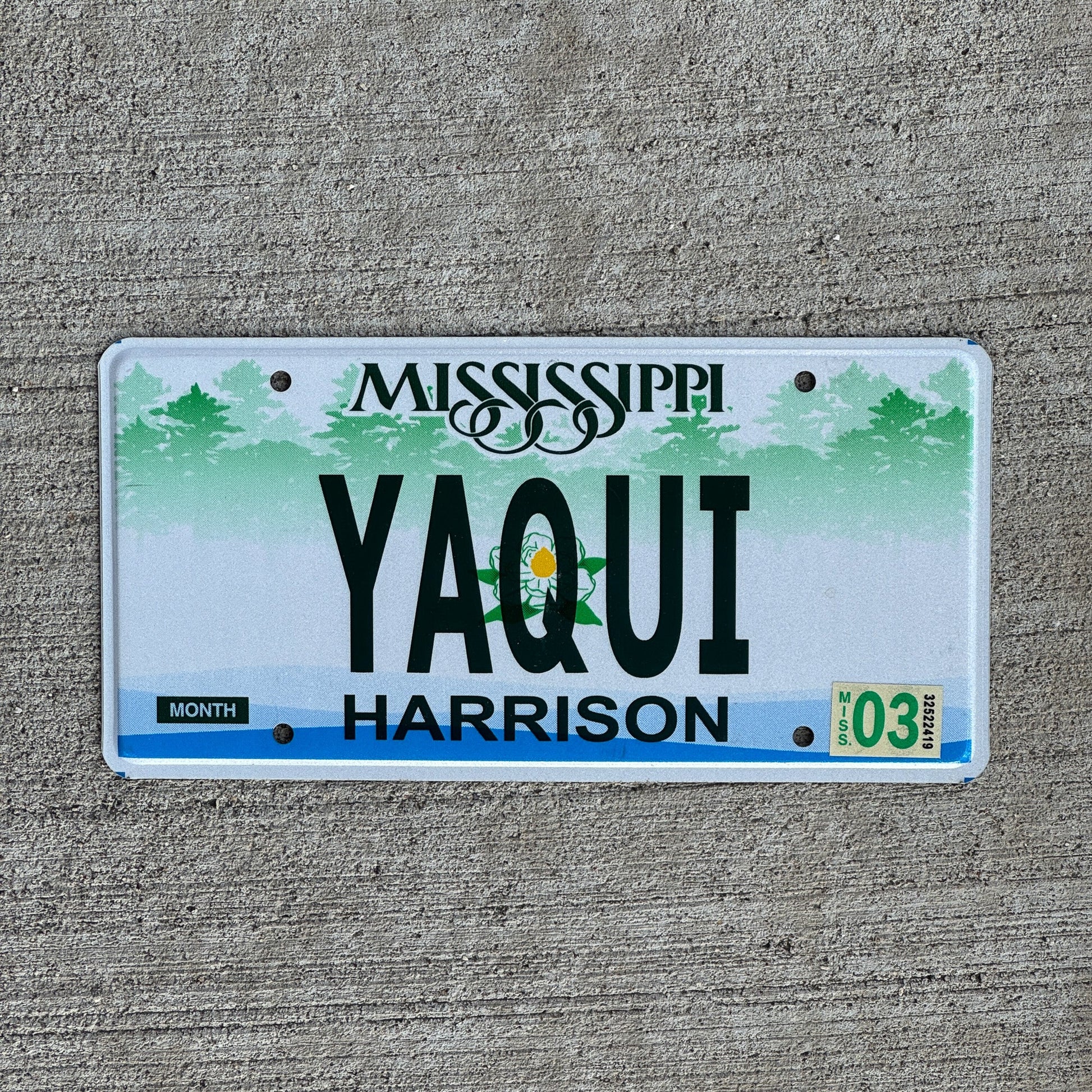 Photo of a 2003 Mississippi Vanity License Plate Auto Tag Garage Decor Vintage Native American Indian Tribe YAQUI