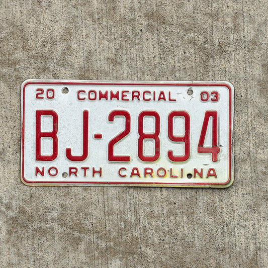 Photo of a 2003 North Carolina Commercial License Plate Auto Tag Garage Decor Vintage BJ 2894 with original patina