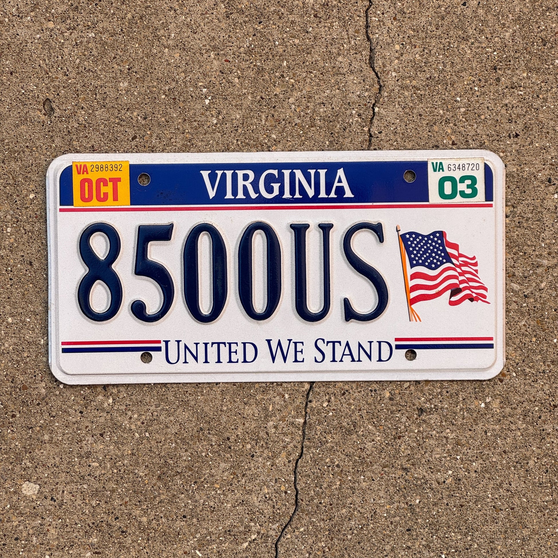 Photo of a 2003 Virginia Graphic / Specialty License Plate Auto Tag Garage Decor Vintage United We Stand 8500 US
