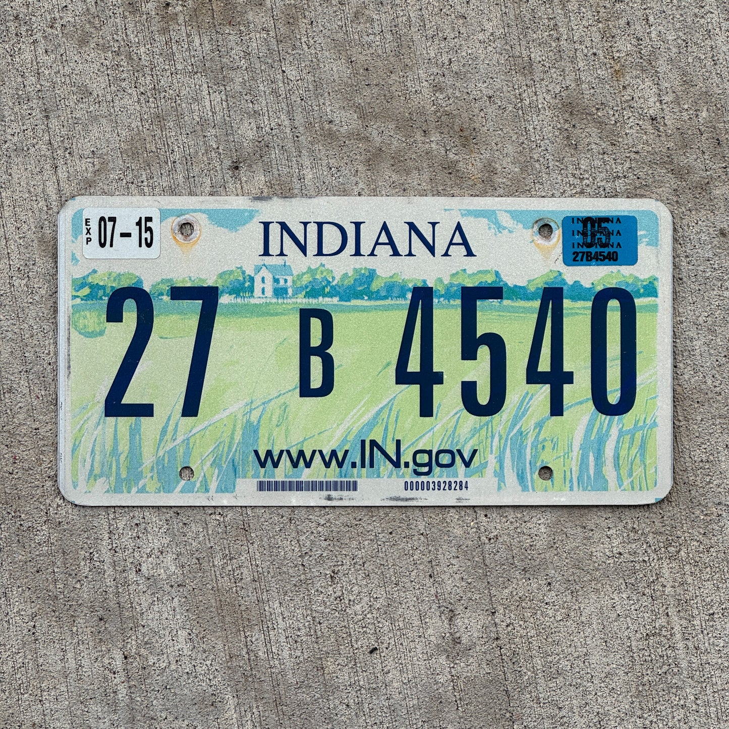 Photo of a 2004 2005 Indiana License Plate Auto Tag Garage Decor Vintage 27 B 4540 with original patina