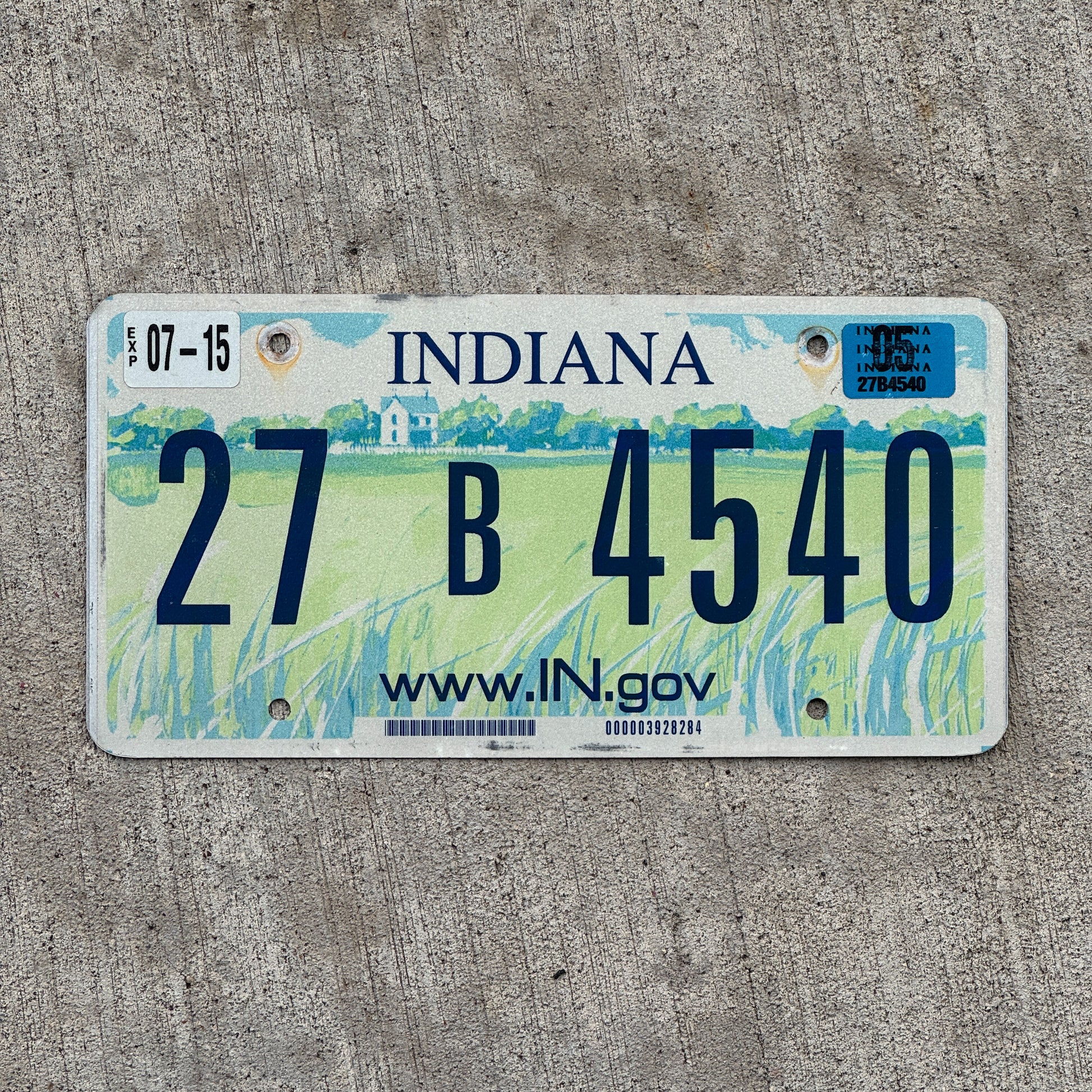 Photo of a 2004 2005 Indiana License Plate Auto Tag Garage Decor Vintage 27 B 4540 with original patina
