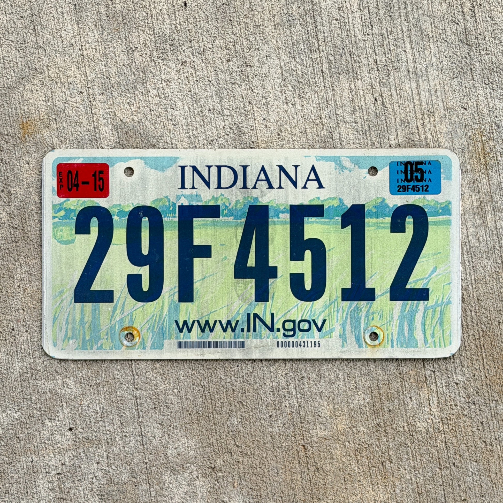 Photo of a 2004 2005 Indiana License Plate Auto Tag Garage Decor Vintage 29F4512 with original patina