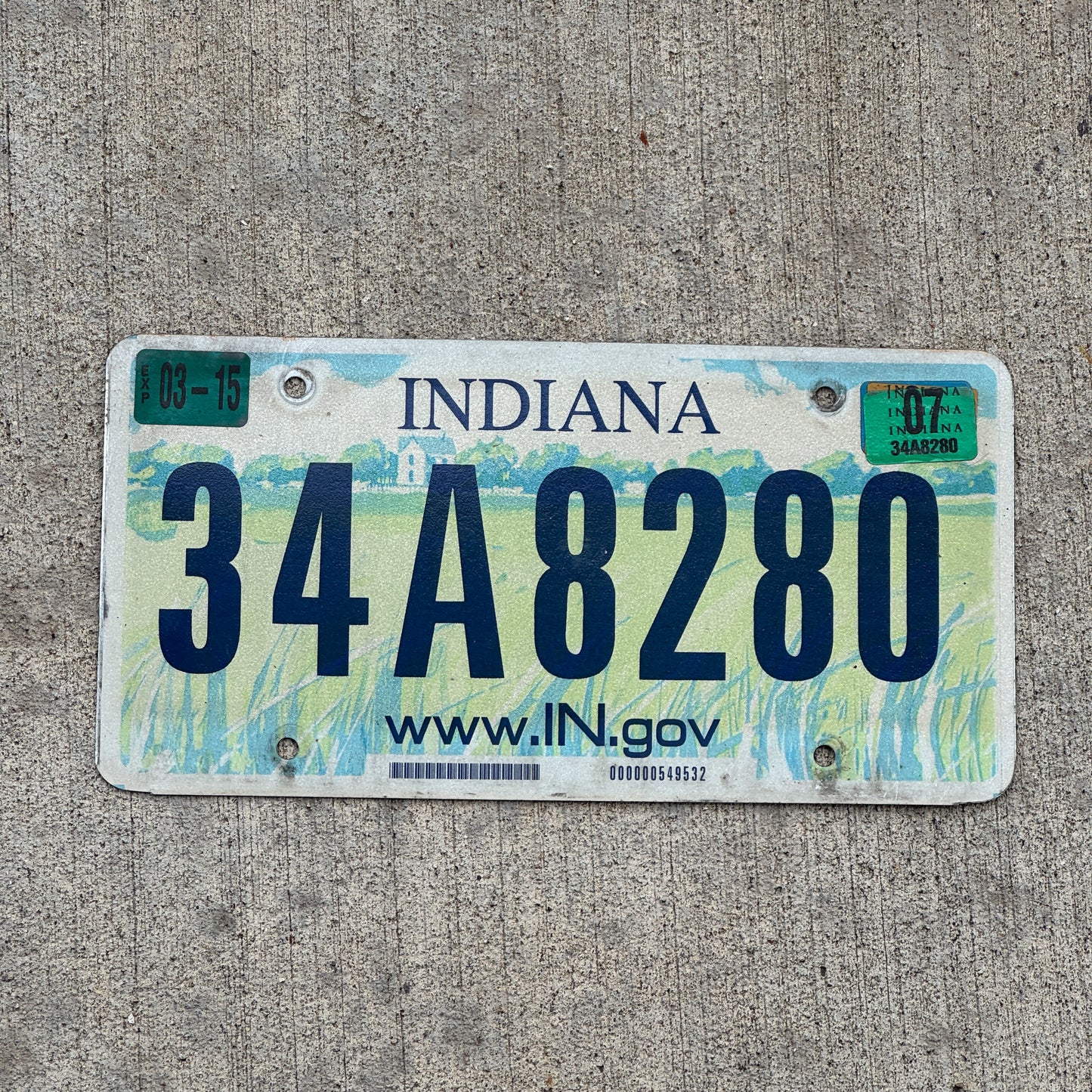 Photo of a 2004 2007 Indiana License Plate Auto Tag Garage Decor Vintage 34 A 8280 with original patina