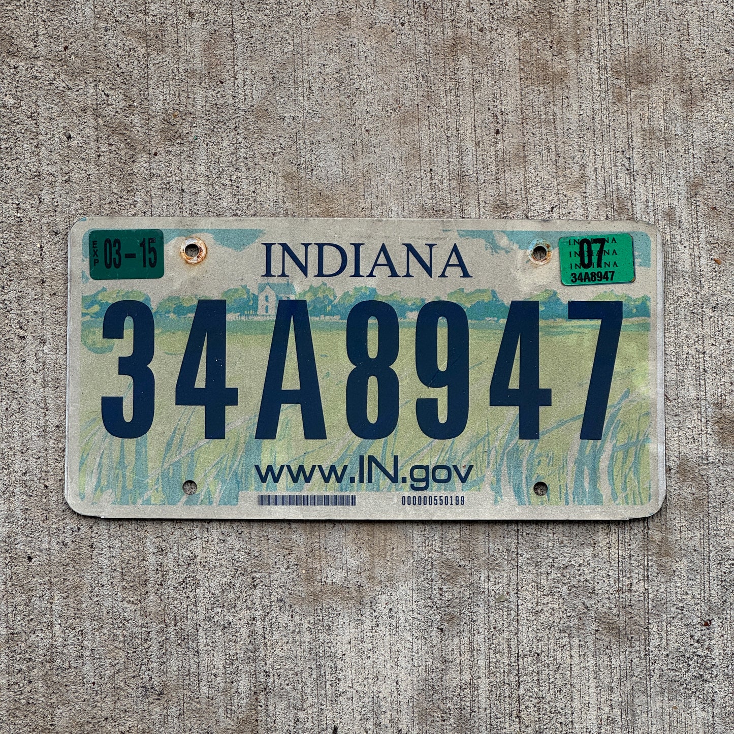Photo of a 2004 2007 Indiana License Plate Auto Tag Garage Decor Vintage 34 A 8947 with original patina
