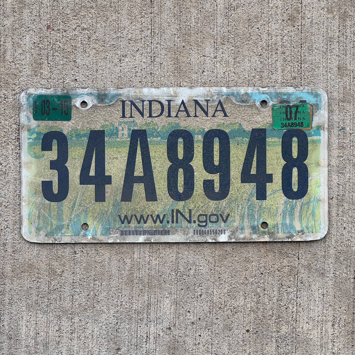Photo of a 2004 2007 Indiana License Plate Auto Tag Garage Decor Vintage 34 A 8948 with original patina