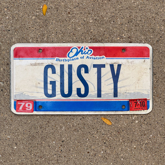 Photo of a 2004 2010 Ohio Vanity License Plate Auto Tag Garage Decor Vintage Windy Weatherman GUSTY with original patina