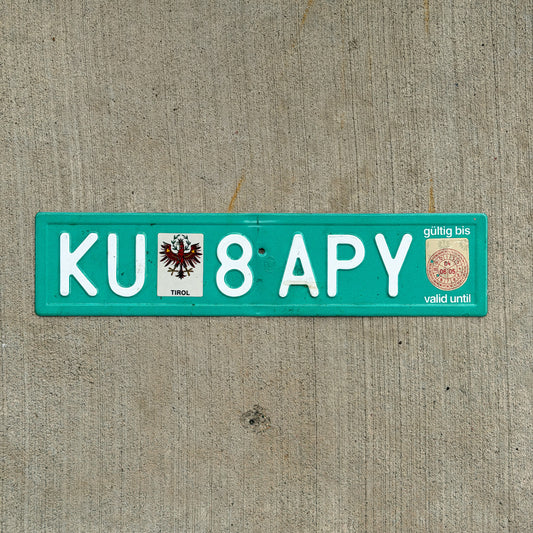Photo of a 2004 Austria Temporary License Plate Auto Tag Garage Decor Vintage Tirol KU 8 APY with original patina