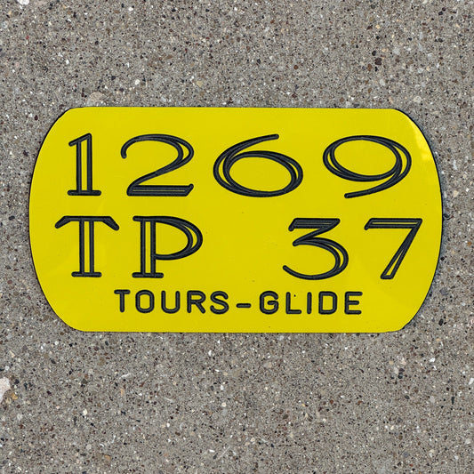 Photo of a 2004 Harley Davidson Dealer Plaque License Plate Auto Tag Garage Decor Vintage Tours Glide 1269 TP 37 with original patina