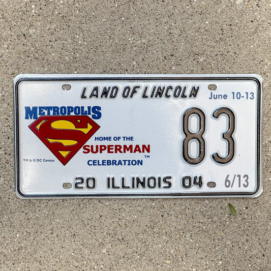 Photo of a 2004 Illinois Event License Plate Auto Tag 1 Garage Decor Metropolis Illinois Superman Comics 83 with original patina