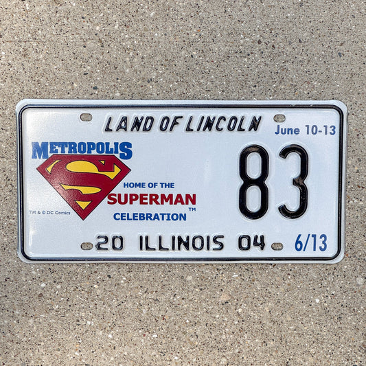 Photo of a 2004 Illinois Event License Plate Auto Tag 2 Garage Decor Metropolis Illinois Superman Comics 83 with original patina