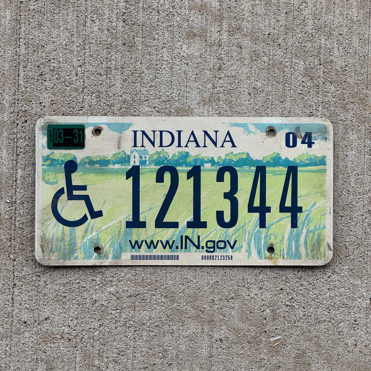 Photo of a 2004 Indiana Handicap License Plate Auto Tag Garage Decor Vintage 121344 with original patina