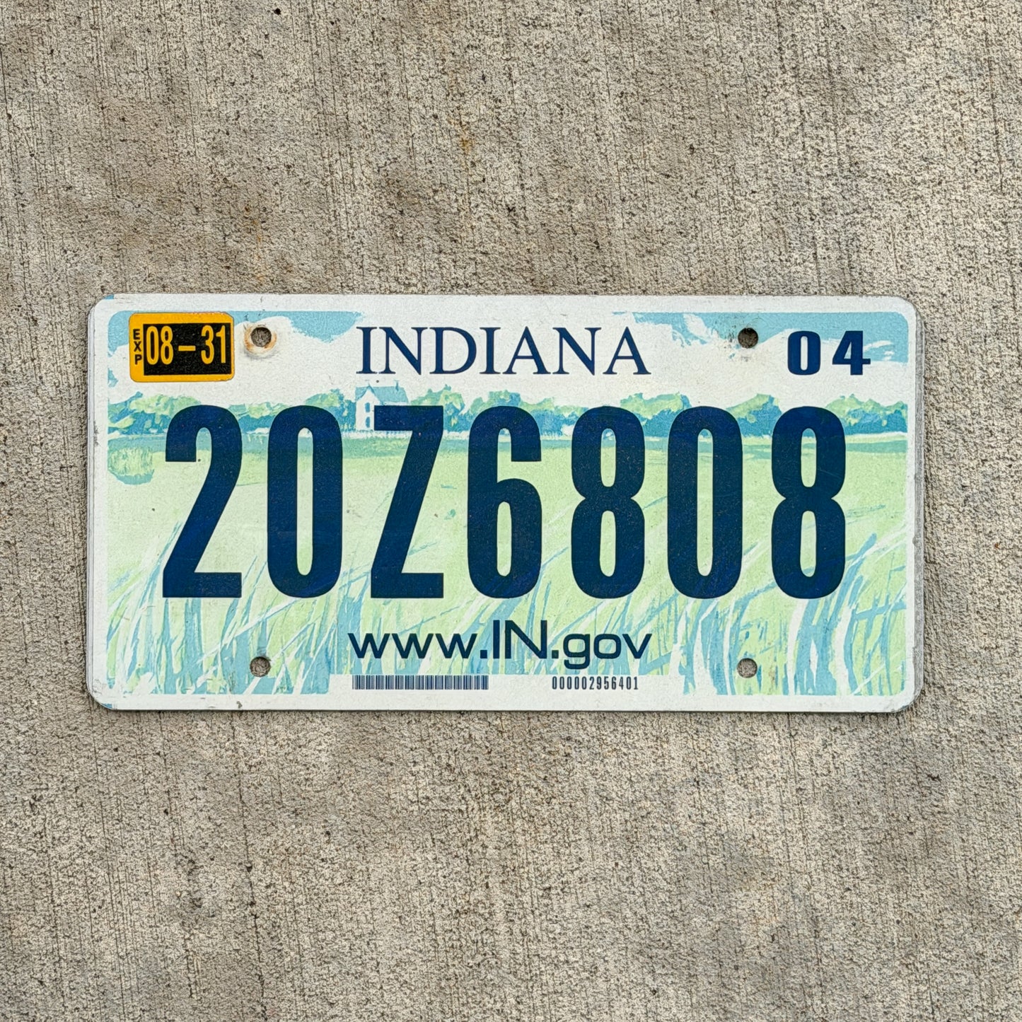 Photo of a 2004 Indiana License Plate Auto Tag Garage Decor Vintage 20 Z 6808 with original patina
