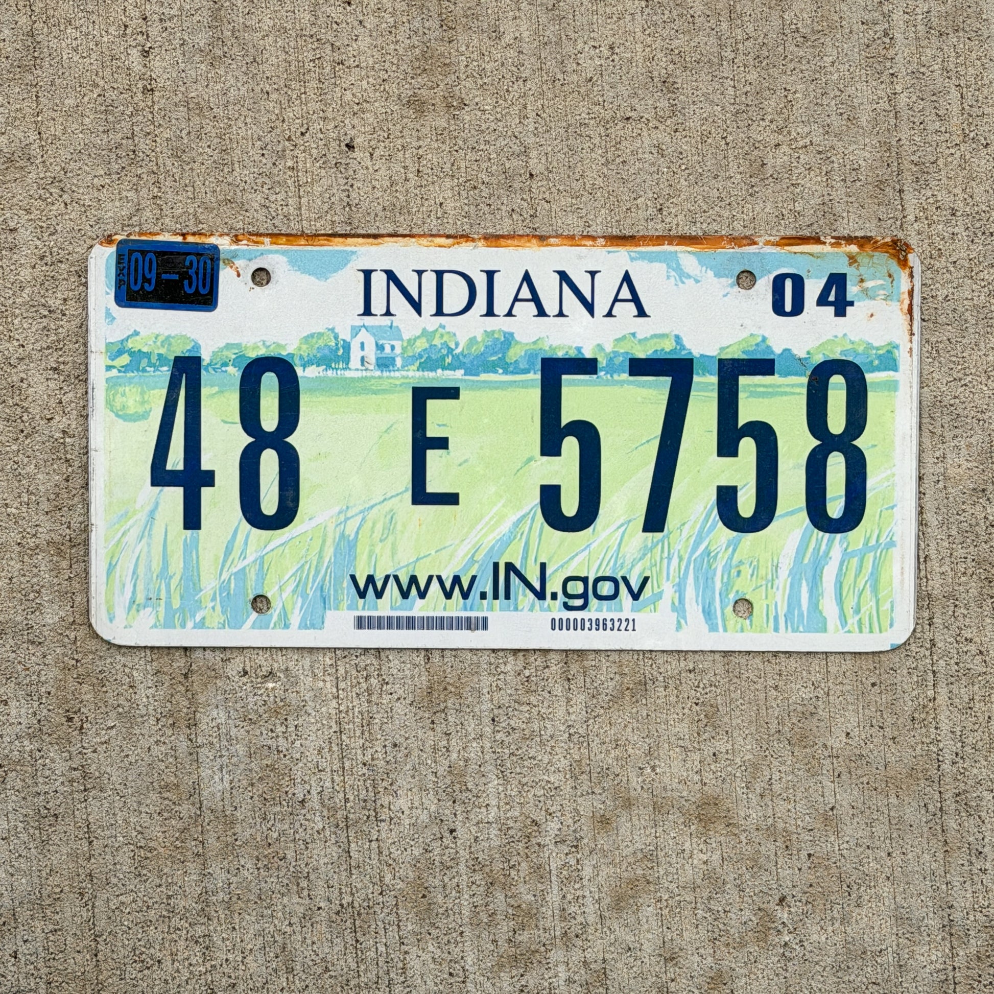 Photo of a 2004 Indiana License Plate Auto Tag Garage Decor Vintage 48 E 5758 with original patina