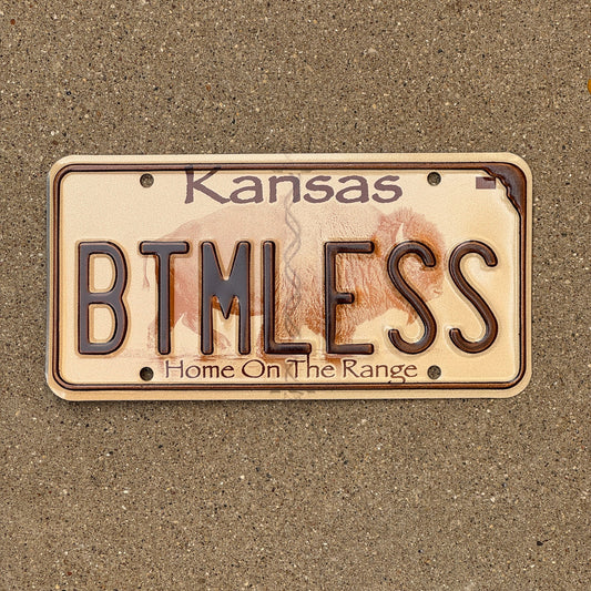 Photo of a 2004 Kansas Vanity License Plate Auto Tag Garage Decor Vintage Bottomless NSFW BTMLESS with original patina