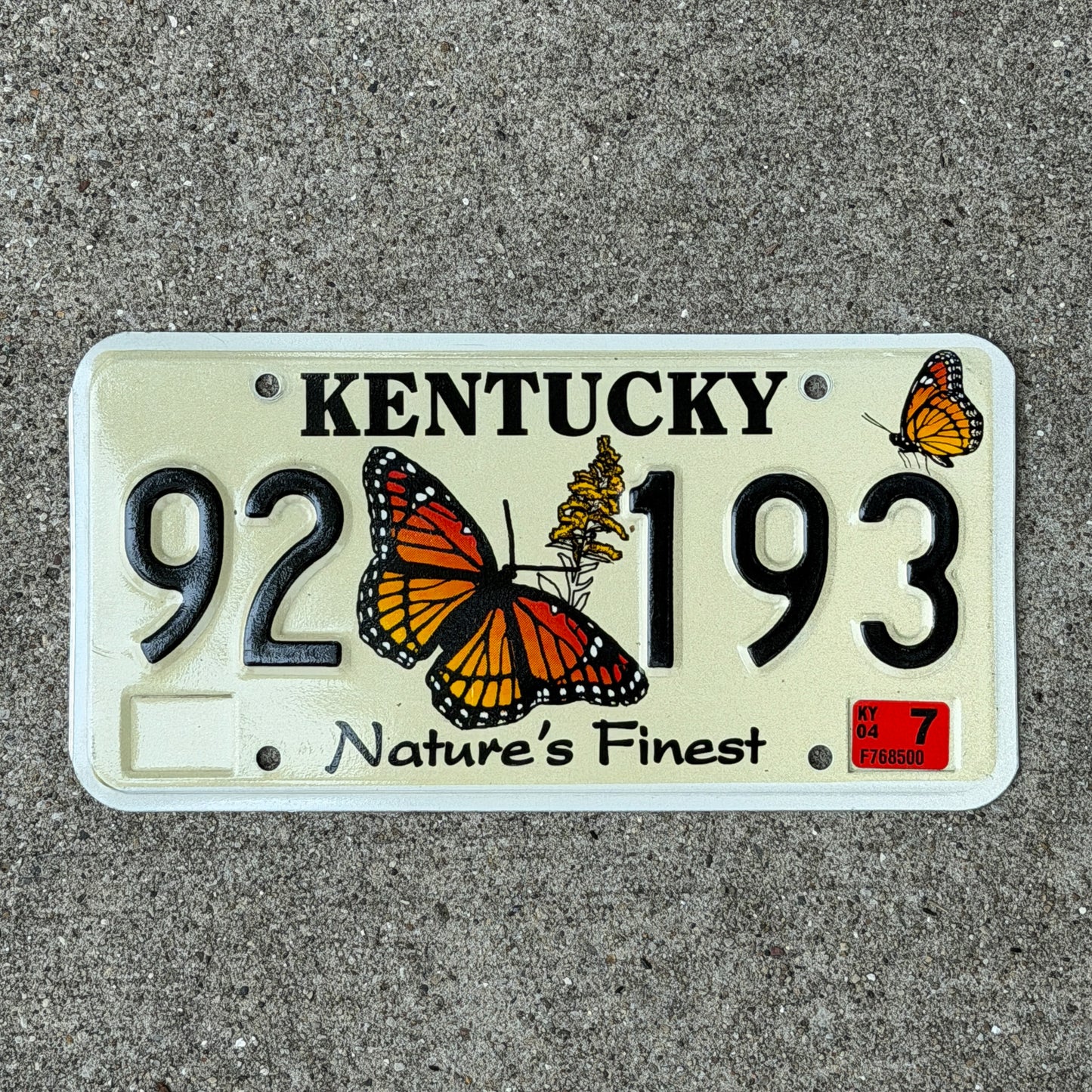 Photo of a 2004 Kentucky Graphic / Specialty License Plate Auto Tag Garage Decor Vintage Nature's Finest Monarch Butterfly 92 193 with original patina
