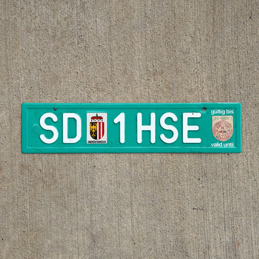 Photo of a 2005 Austria Temporary License Plate Auto Tag Garage Decor Vintage Oberosterreich SD 1 HSE with original patina