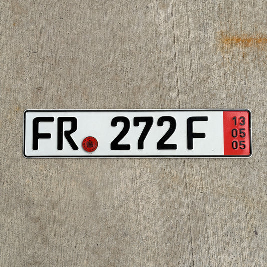 Photo of a 2005 Germany Export License Plate Auto Tag Garage Decor Vintage FR 272 F with original patina