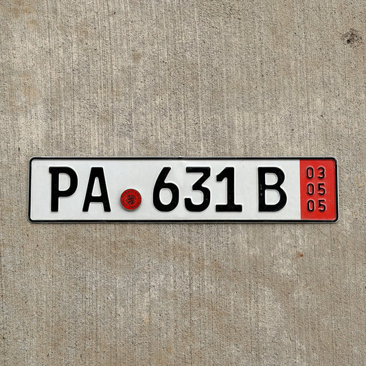 Photo of a 2005 Germany Export License Plate Auto Tag Garage Decor Vintage PA 631 B with original patina