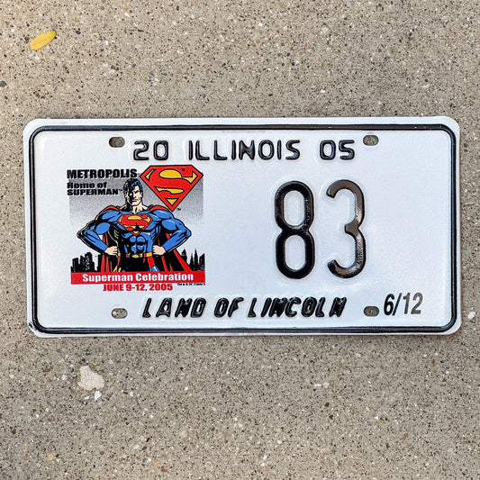 Photo of a 2005 Illinois Event License Plate Auto Tag 1 Garage Decor Metropolis Illinois Superman Comics 83 with original patina