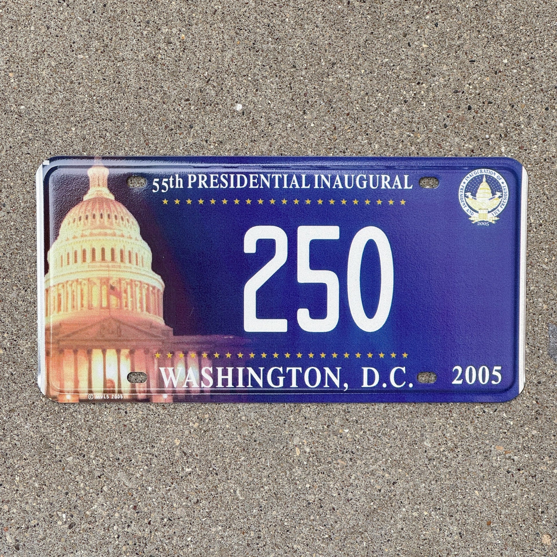 Photo of a 2005 Washington DC Inaugural License Plate Auto Tag Garage Decor Vintage Bush Politics Political Low Number Three Digit 250 with original patina