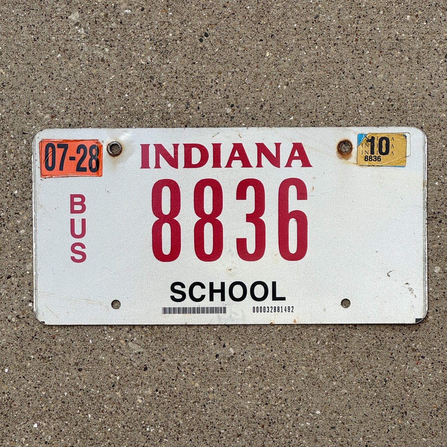 Photo of a 2006 2010 Indiana School Bus License Plate Auto Tag Garage Decor Vintage 8836 with original patina