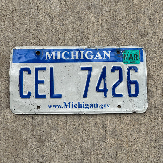 Photo of a 2006 2012 Michigan License Plate Auto Tag Garage Decor Vintage CEL 7426 with original patina