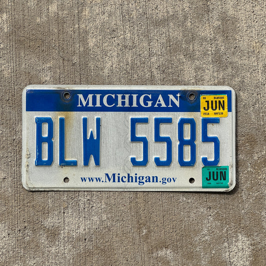Photo of a 2006 2018 Michigan License Plate Auto Tag Garage Decor Vintage BLW 5585 with original patina
