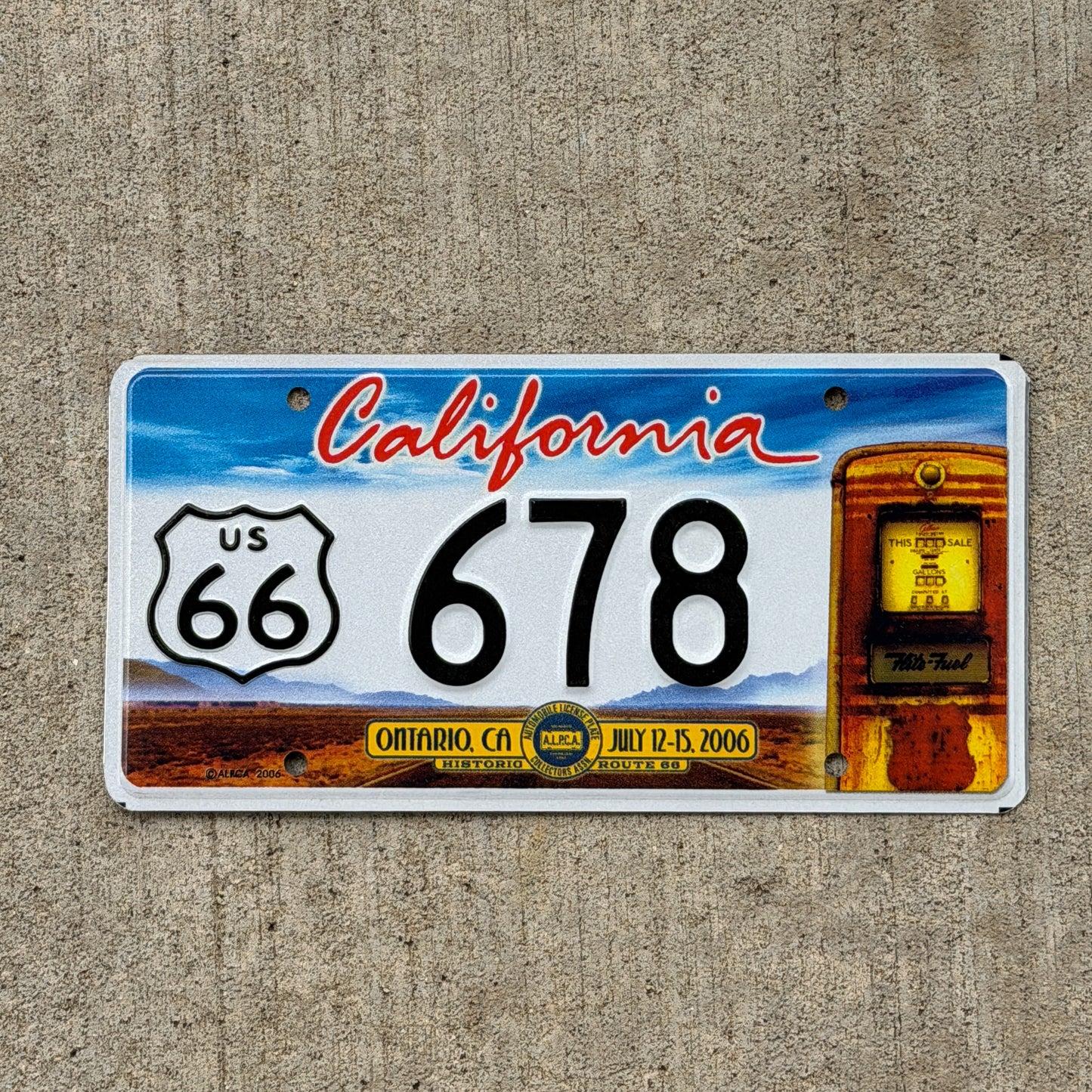 Photo of a 2006 California ALPCA License Plate Auto Tag Garage Decor Vintage Ontario CA ALPCA Convention 678 with original patina