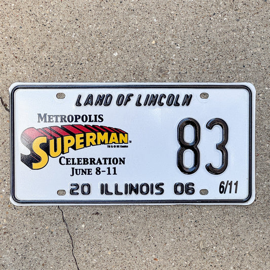 Photo of a 2006 Illinois Event License Plate Auto Tag 2 Garage Decor Metropolis Illinois Superman Comics 83 with original patina