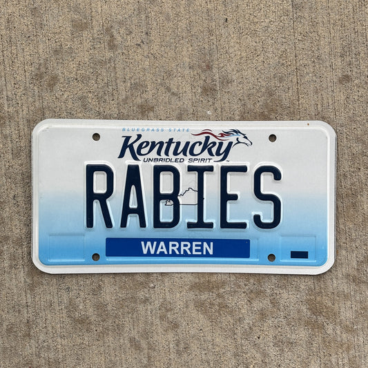 Photo of a 2006 Kentucky Vanity License Plate Auto Tag Garage Decor Vintage Doctor Disease RABIES with original patina