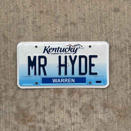 Photo of a 2006 Kentucky Vanity License Plate Auto Tag Garage Decor Vintage Jekyll & Hyde Halloween Decor MR HYDE with original patina