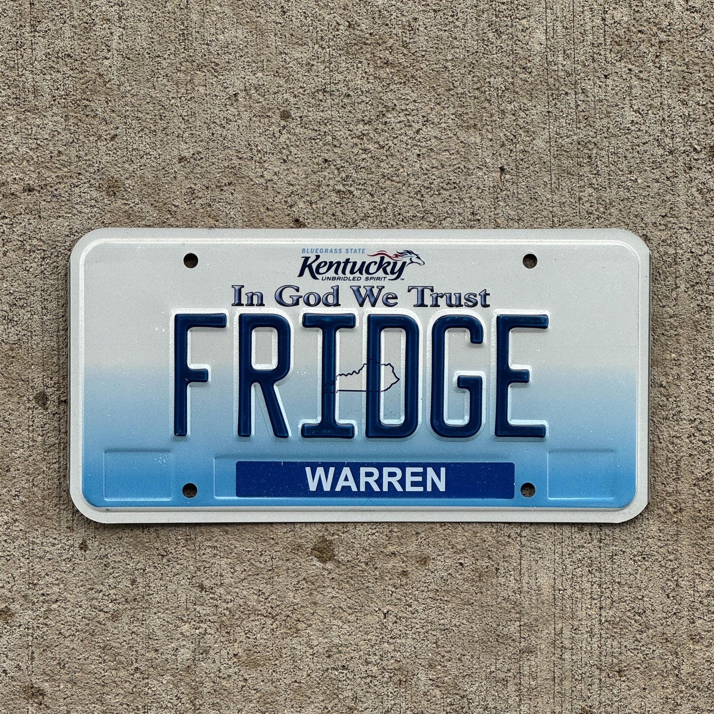 Photo of a 2006 Kentucky Vanity License Plate Auto Tag Garage Decor Vintage Refrigerator FRIDGE with original patina
